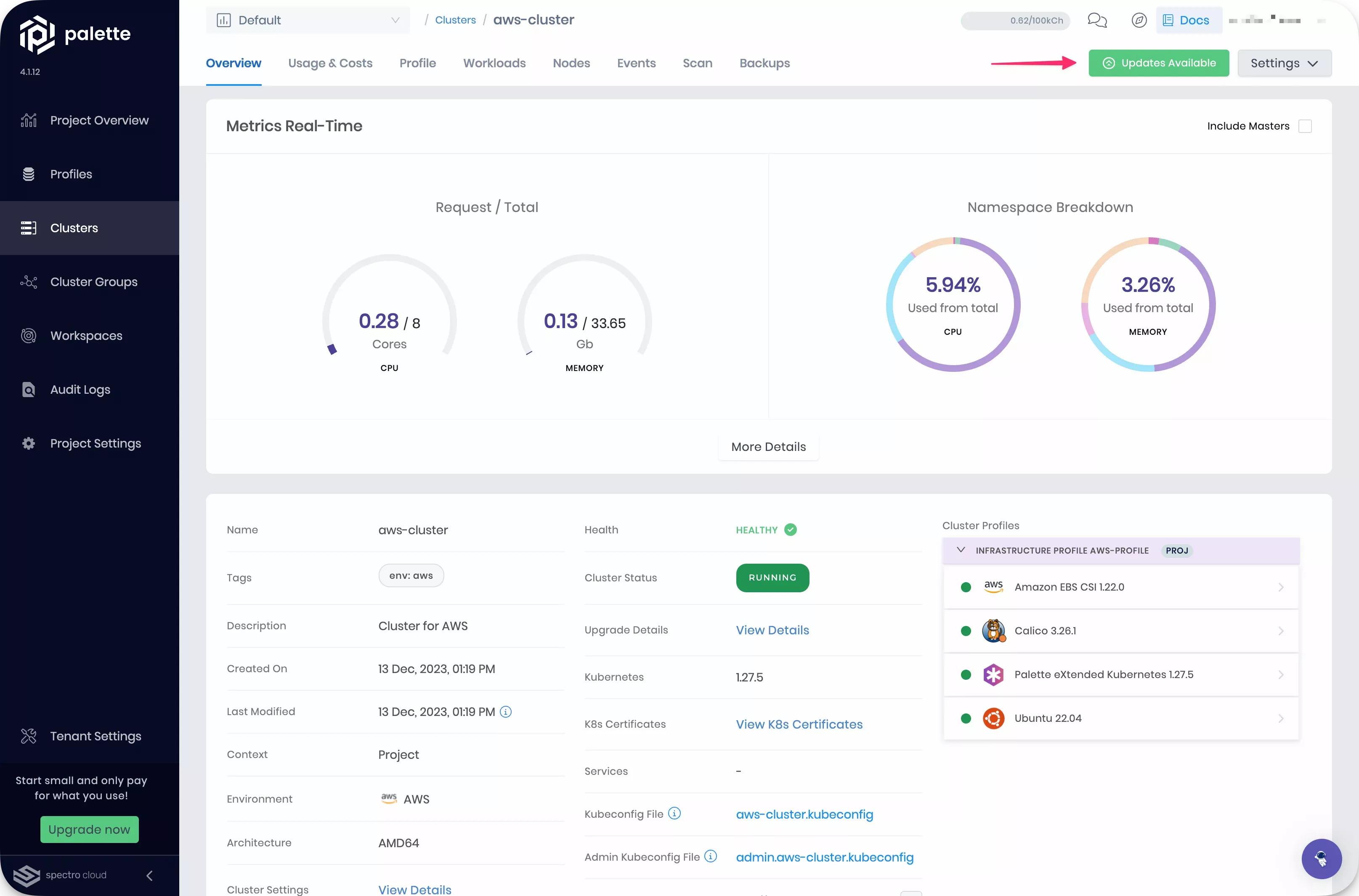 The cluster details page with a view of pending updates