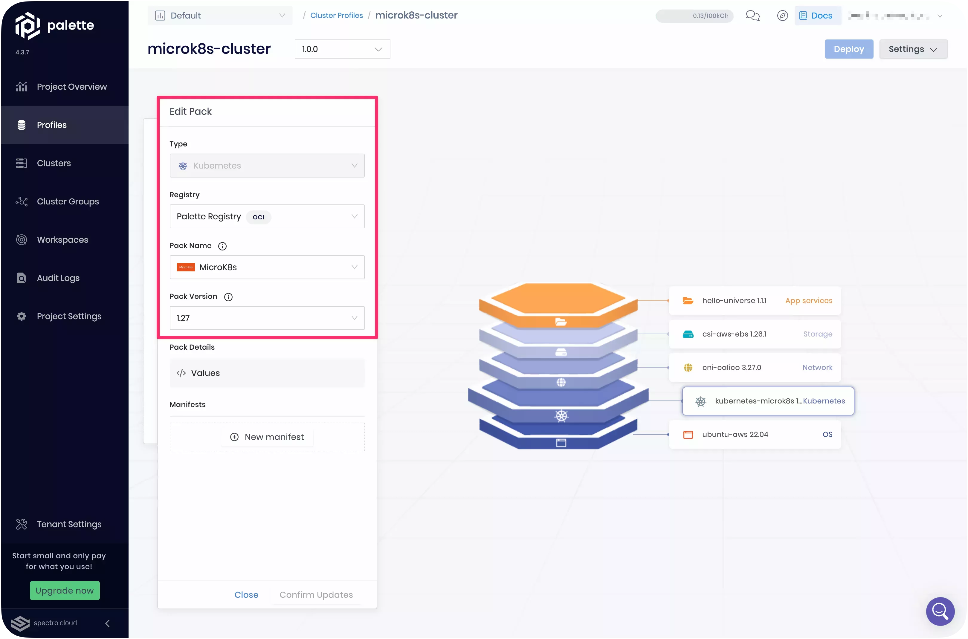 A view of the cluster profile Kubernetes selection screen