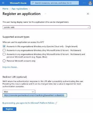 Azure application creation screen